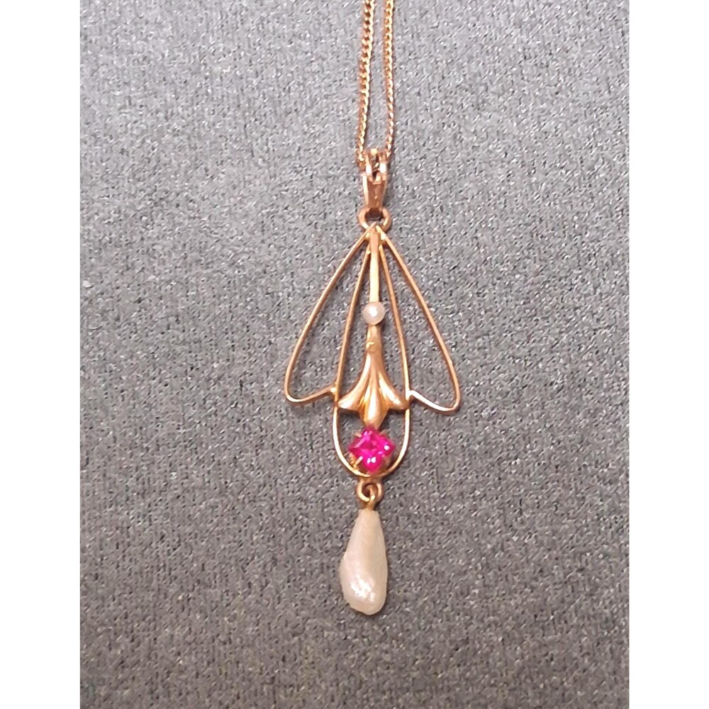 Art Nouveau Gold Lavaliere Necklace Red Stone Baroque Pearl